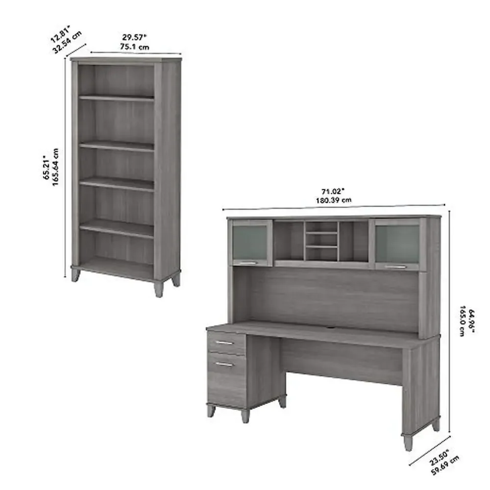 72W Office Desk with Hutch 5 Shelf Bookcase Bundle Platinum Gray Wire Management Concealed Storage Adjustable Shelves Modern 3