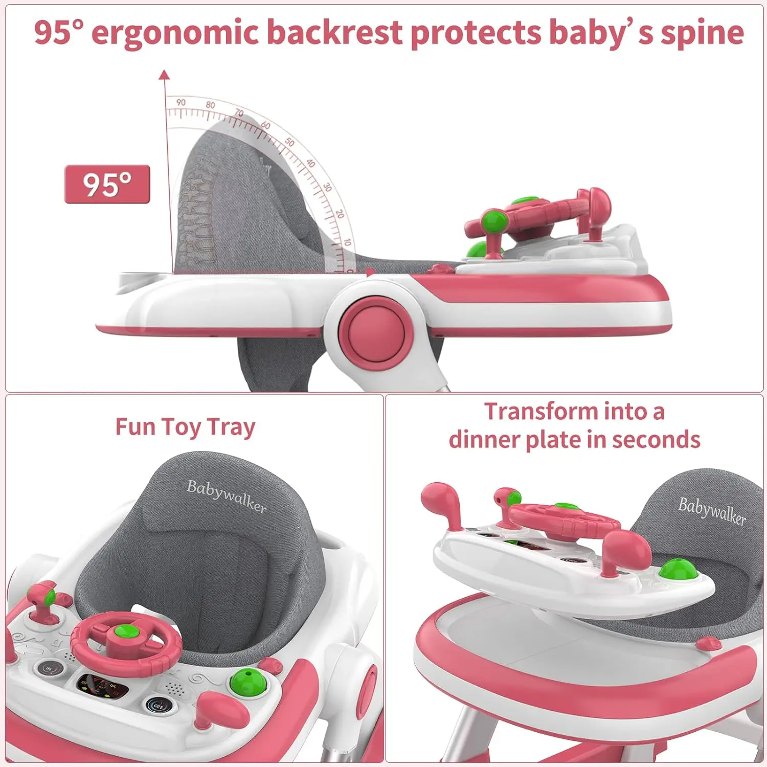Baby Stroller 4 in 1 Foldable with Removable Toy Plate Music Light Height Adjustable Canopy