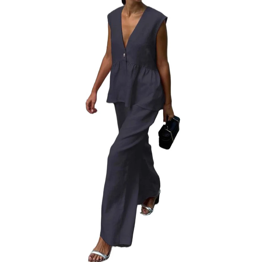 Women Summer V Neck Sleeveless Vest Suits
