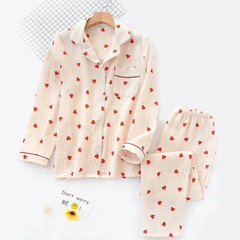 Women Trousers Pajama Set Cotton Sleepwear Clothes for Spring and Autumn Home Clothing Smal Heart Printing Pink White Colors women pajamas set,women pajama suit,cotton pajamas set
