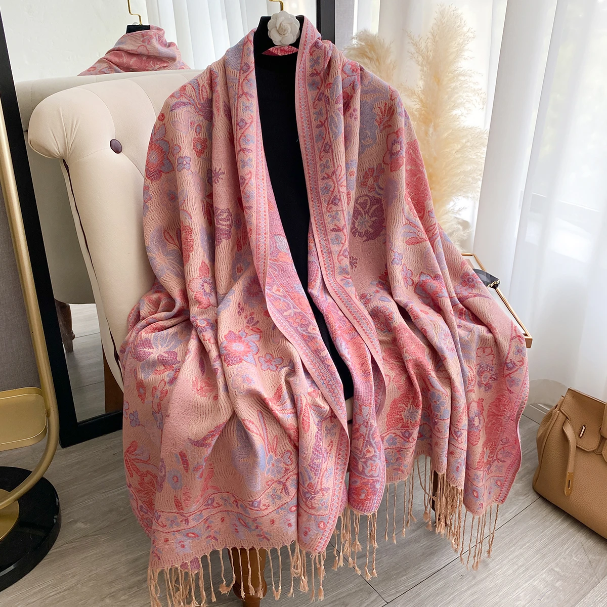 Luxury Women's Winter Cashmere Scarf - Embroidered Printed Tasseled Shawl, Elegant Pareo Cape & Chunky Headscarf