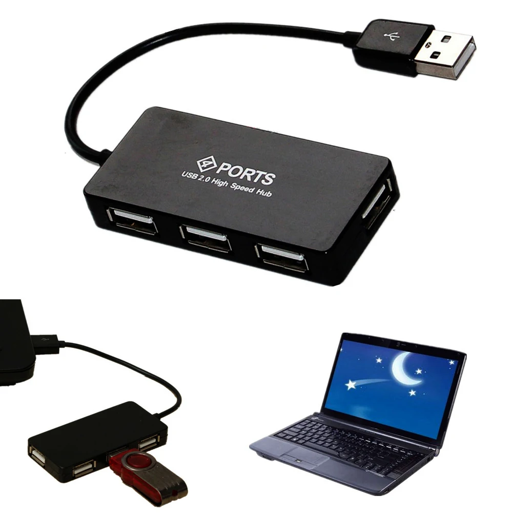 Black 4 Port USB 2.0 High Speed Hub for Desktop Computer PC Laptop