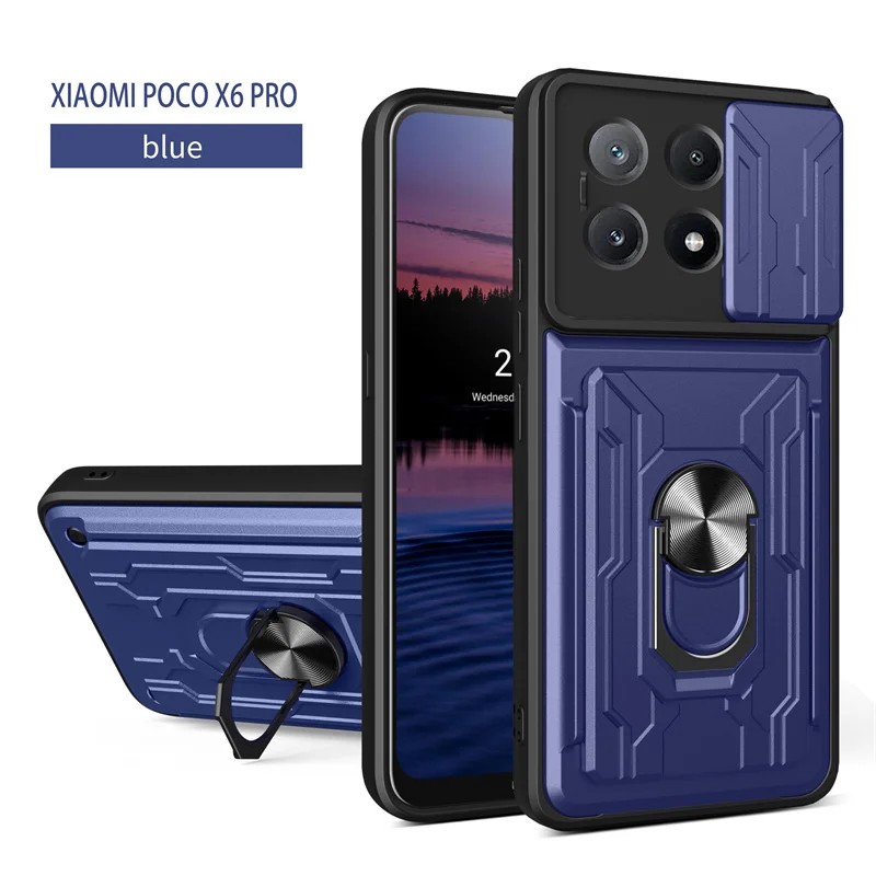 Slide Lens Protect Armor Phone Case with Card Slot & Bracket - Durable Back Cover