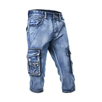 Men's Fashion Cargo Denim Shorts with Multi Pockets Slim Fit Jeans Shorts for Male Straight Long Blue Men Mid Calf Shorts 1