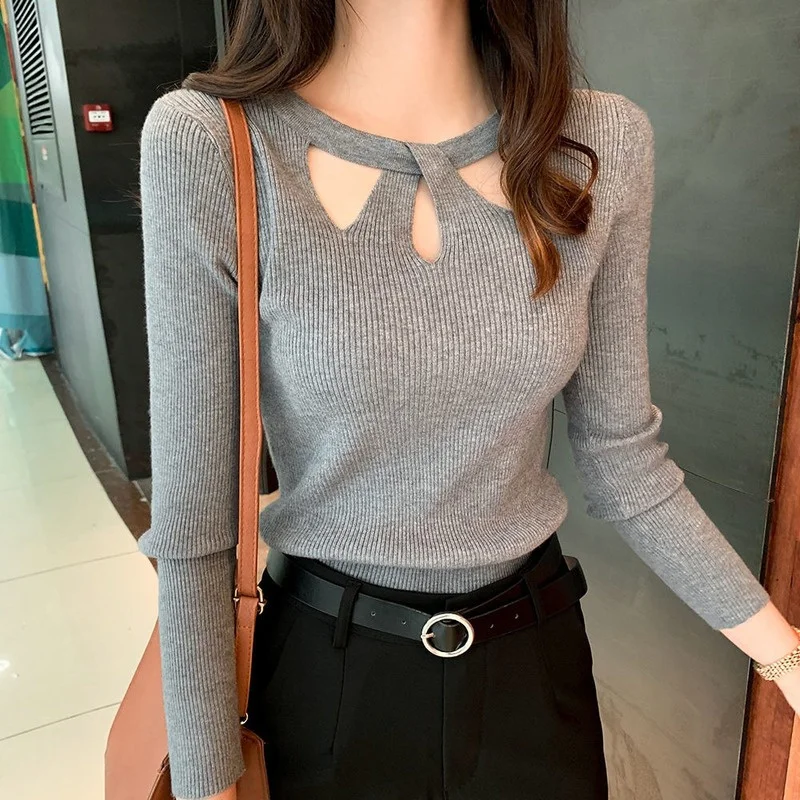 

2023 Women's O-neck Stretch Sexy Pullover Hollow Solid Color Sweater Bottoming Shirt Slim Sweater Ladies New Autumn Winter 16639