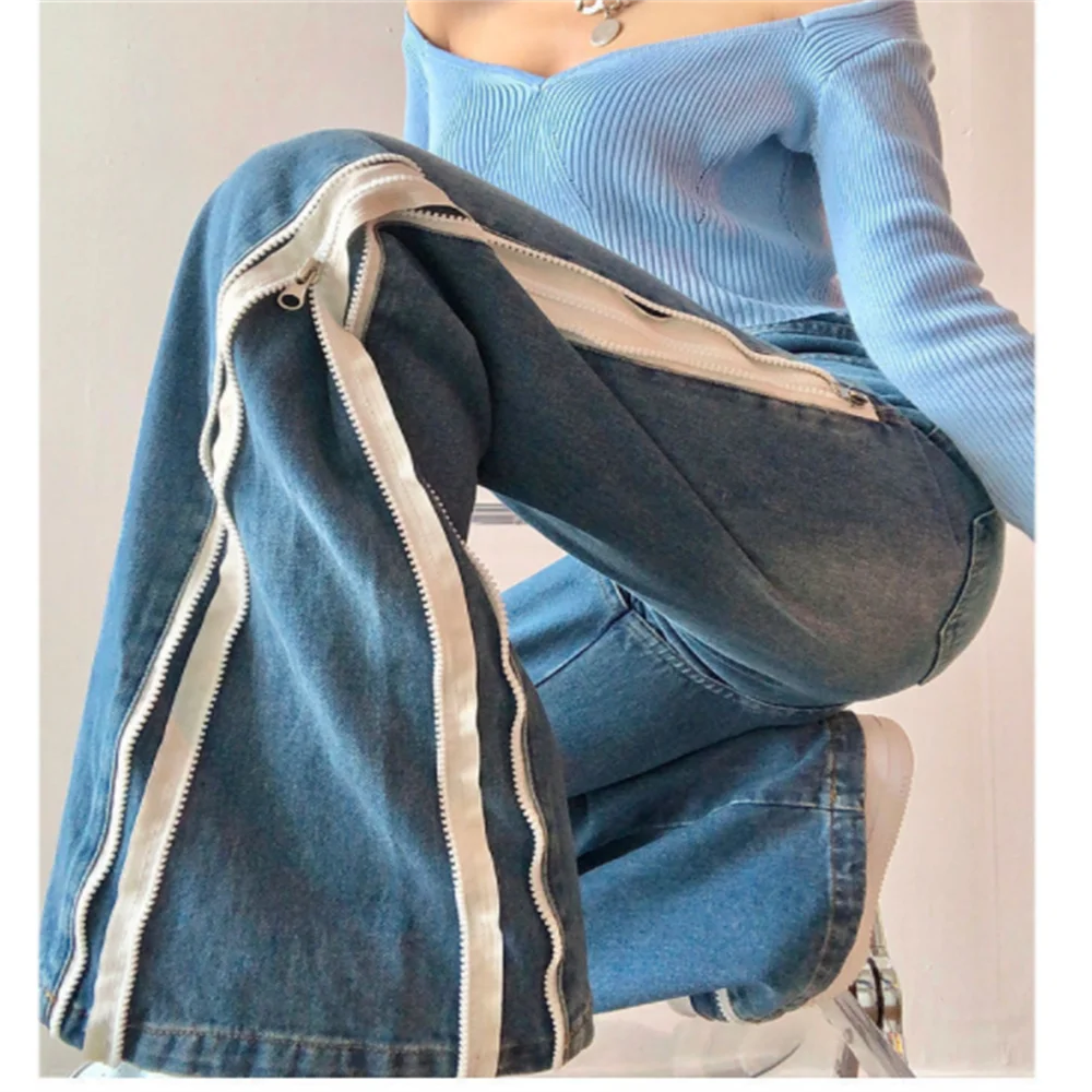

Double side zipper wide leg jeans women loose straight tube floor flared trousers design long denim pants