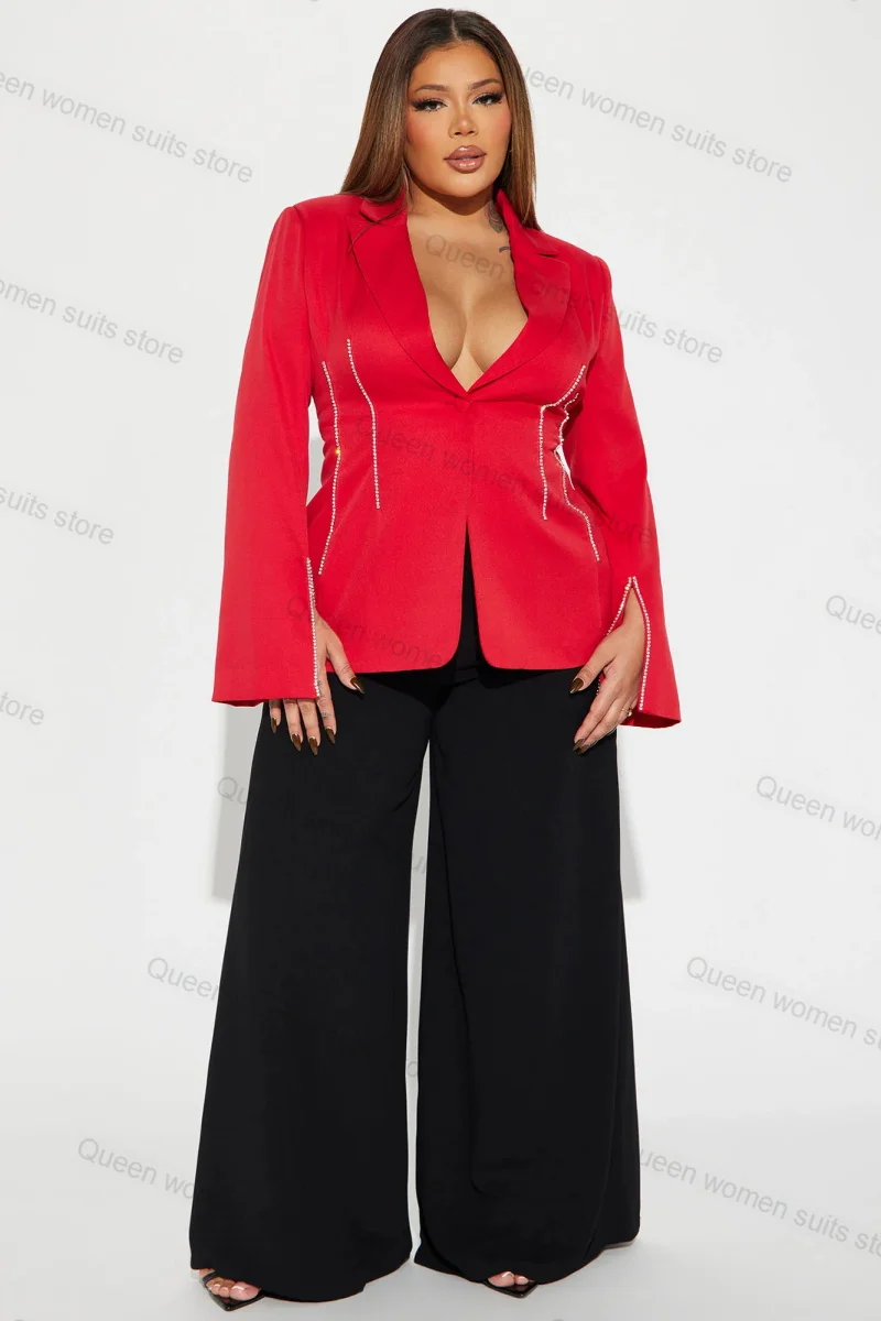 

Plus Size Women Suit Pants Set 2 Piece Blazer+Trousers Red Crystals Formal Office Lady Prom Dress Jacket Coat Custom Made