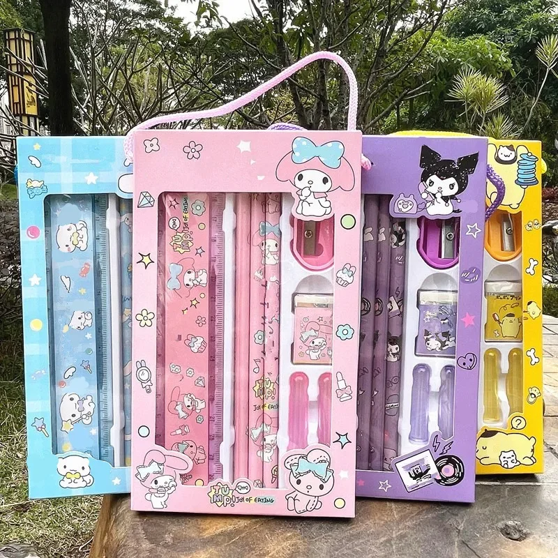 

Sanrio Stationery Set Anime Cinnamoroll Kuromi HelloKitty Ruler Pencil Sharpener Pencils Eraser Melody Kids School Supplies Gift