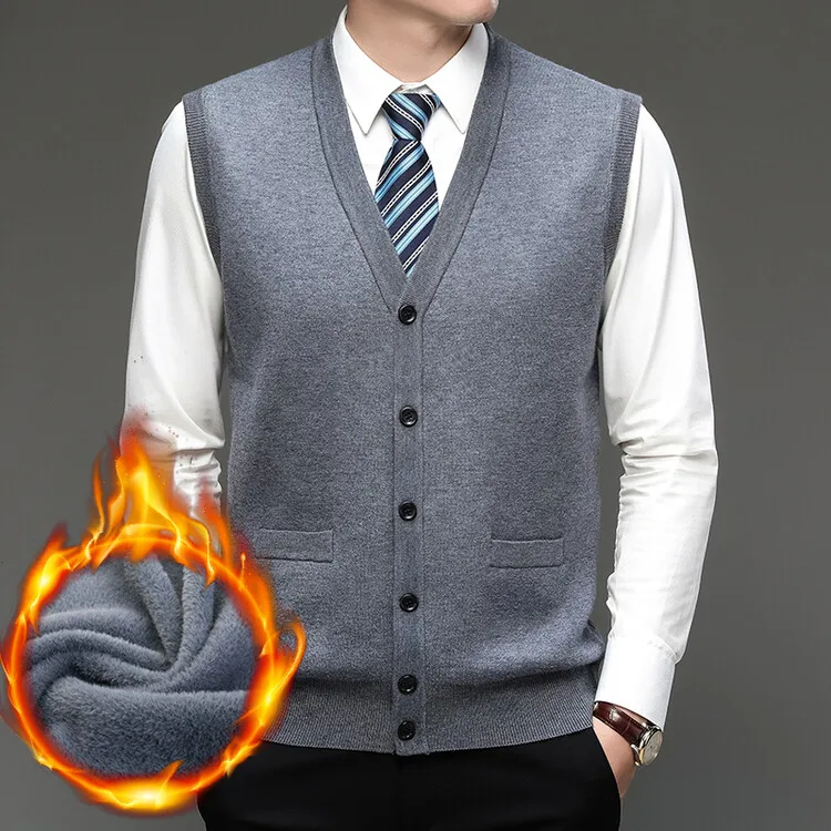 Men Wool Coats Vest Extra Thick Velvet 2024 Autumn Winter Knitted Father's Man Single Breasted Sleeveless Sweater Cardigan
