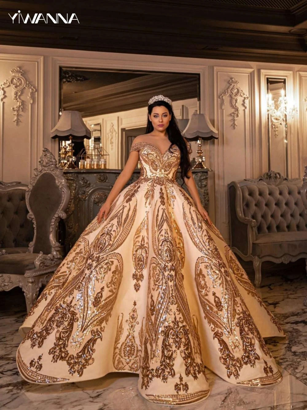 

Graceful Off The Shoulder Wedding Dress Sparkly Sequins Beads Bridal Gown Classic Ball Gown Long Bride Robe Vestidos De Novia
