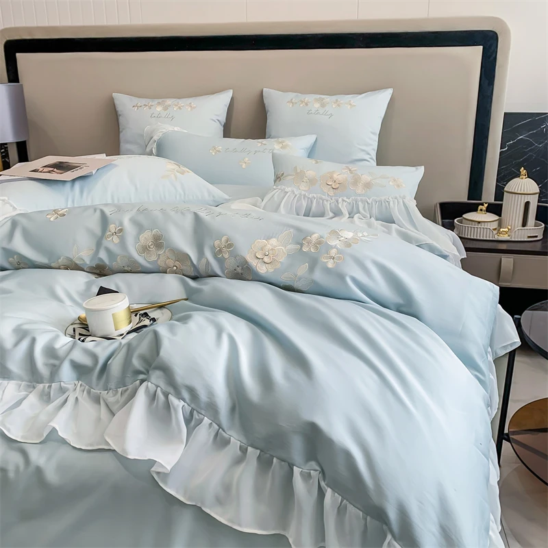 Waliicorners Lace Edge Quilt Duvet Cover Set Bed Linen Pillow Shams 1200TC Egyptian Cotton Silvery Flowers Embroidery Princess Bedding Set 25 Sba3c38f3faca4cb2b7f4d63a53fc8b153