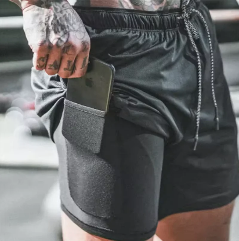 M-4XL European Men's Sports Summer New 2 In 1 Beach Double Layer Mobile Phone Pants Gym Exercise Jogging Training Shorts
