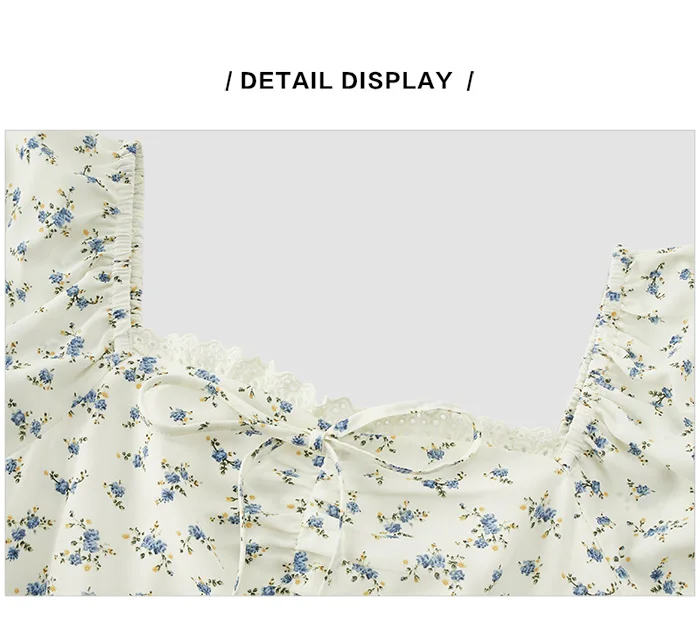 Dress Women Split Bubble Sleeve Medium Long Dress Summer New Square Neck Chiffon Floral Dress Romantic Elegant