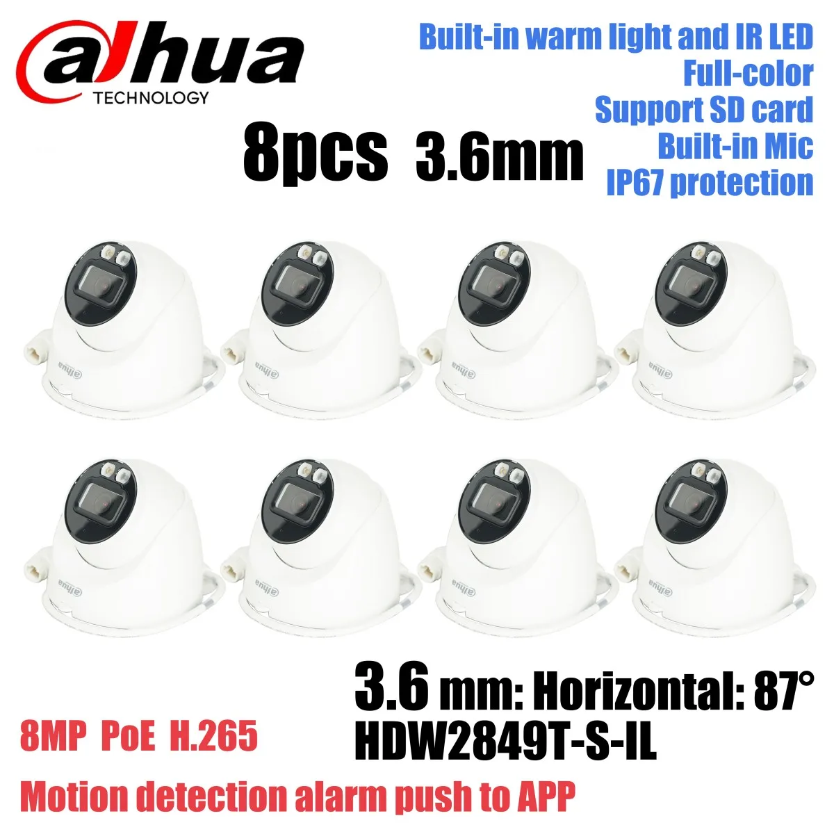 Dahua 8x3.6mm HDW2849T-S-IL 8MP intelligent double lumière globe oculaire à focale fixe WizSense caméra IP lumière chaude intégrée IR LED Microphone