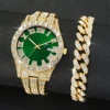 2PCS Luxury Rhinestone Men Watches Fashion Stainless Steel Band Male's Analog Quartz Watch Bracelet Set Relogios Masculino 3