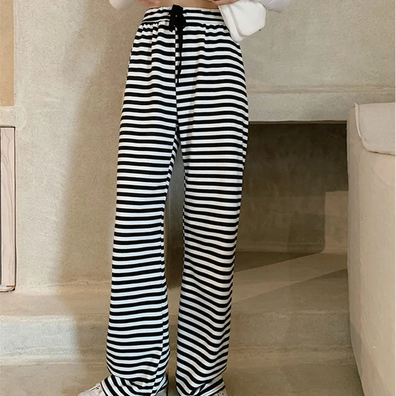 Fashion Loose Wide Leg Casual Pants Homewear High Waist Striped Summer New Female Trousers Plus Size Comfy Ankle Length Pants