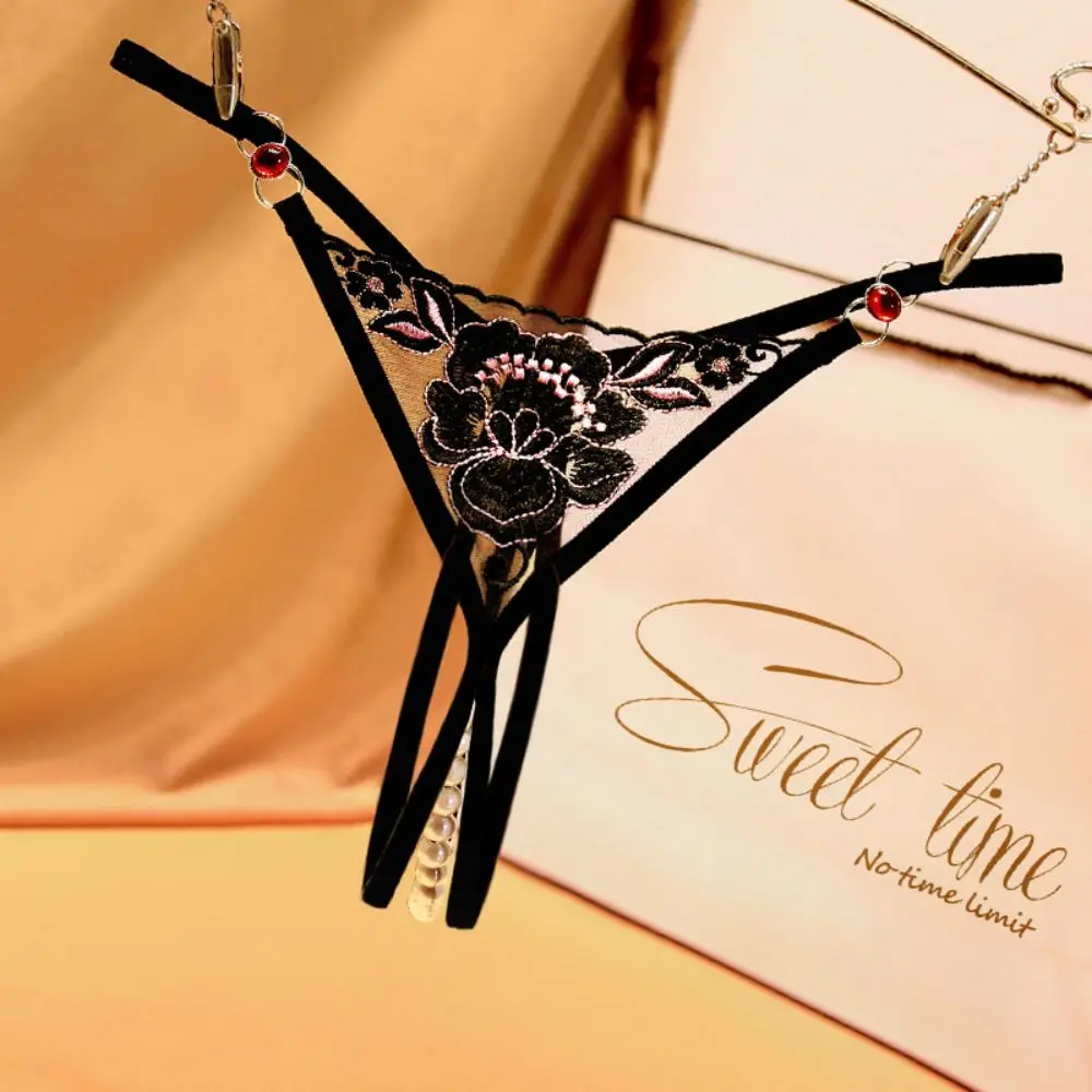 

Embroidered Sexy Underpants Women Underwear Play With Beading Passion Opening Temptation Diamond Ribbons Thong Panties Lingerie