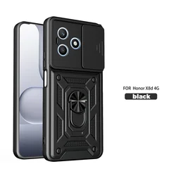 Magnetic Ring Stand Shockproof Armor Phone Case with Slide Lens Cover - Honor X8D 4G (Black)