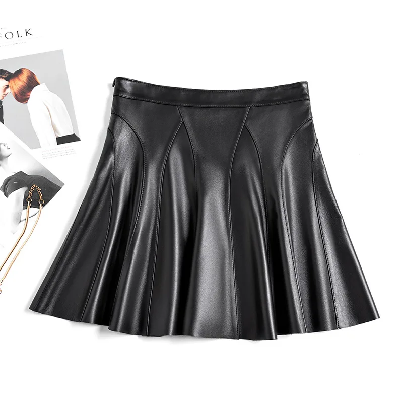 

Genuine Leather Skirt For Women's Spring And Autumn New Pure Leather A-Line Pleated Skirt, Solid Color High Waisted Umbrella Ski