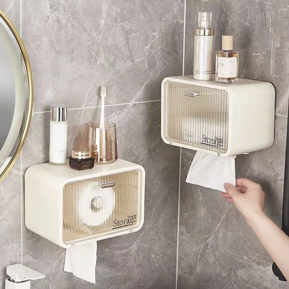 Wall Mounted Storage Box Wall Mounted Transparent Waterproof Tissue Box For Toilet Dormitory Bathroom Roll Paper Face Towel Storage Organizer