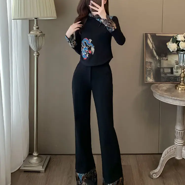 Spring and Autumn Fat MM Retro Chinese Style New Chinese Style Set Fashion Design Top+Wide Leg Pants Two Piece Set