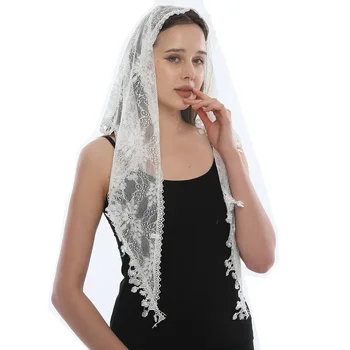 여성용 꽃 자수 삼각형 베일 레이스 숄, 패션 기도 스카프, 웨딩 캐주얼 스톨, 숙녀 머리띠 랩, 145x50cm