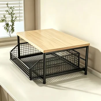Scaffale da Cucina con Cassetto in Metallo, Organizzatore Estraibile in Legno Massello e Metallo per Macchina del Caffè, Microonde e Stoviglie