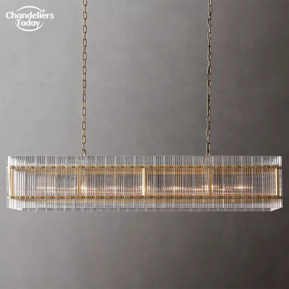 San Marco Rectangular Chandelier Modern Linear Dining Table Chandelier Lighting Luxury Fluted Clear Glass Hanging Light for Home