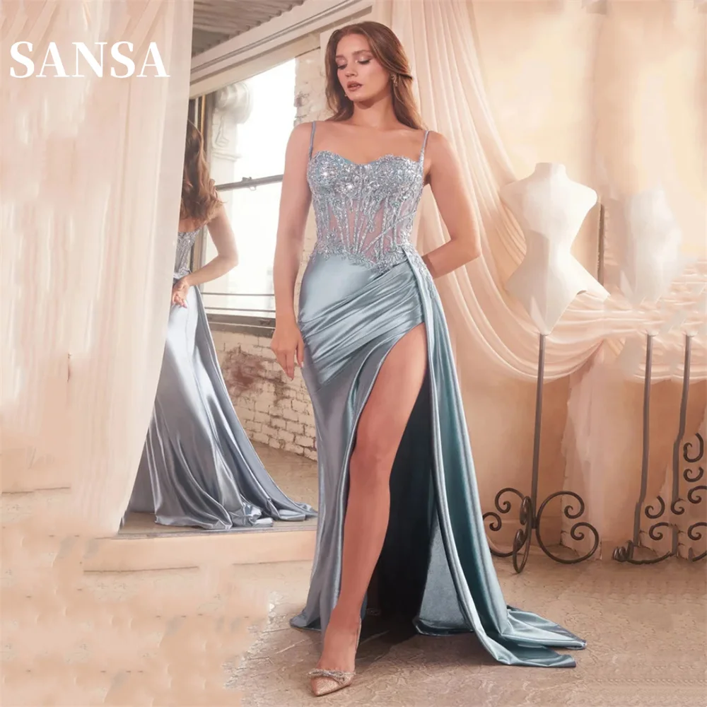 

Sansa Lace Embroidery Mermaid Prom Dress Sexy Spaghetti Strap Vestidos De Noche Detachable Train Side High Split Wedding Dress