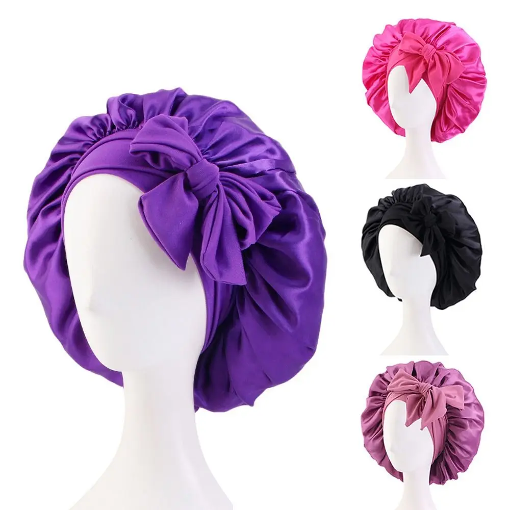 

With Headband Sleeping Cap Solid Satin Turban Bonnet Sleep Hat Wide Band Hair Care Head Wrap Scarf Women Children