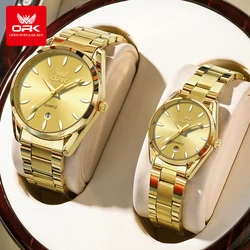 Elegant OPK Stainless Steel Couple Watches with Deep Waterproof Design and Calendar Function (Gold)