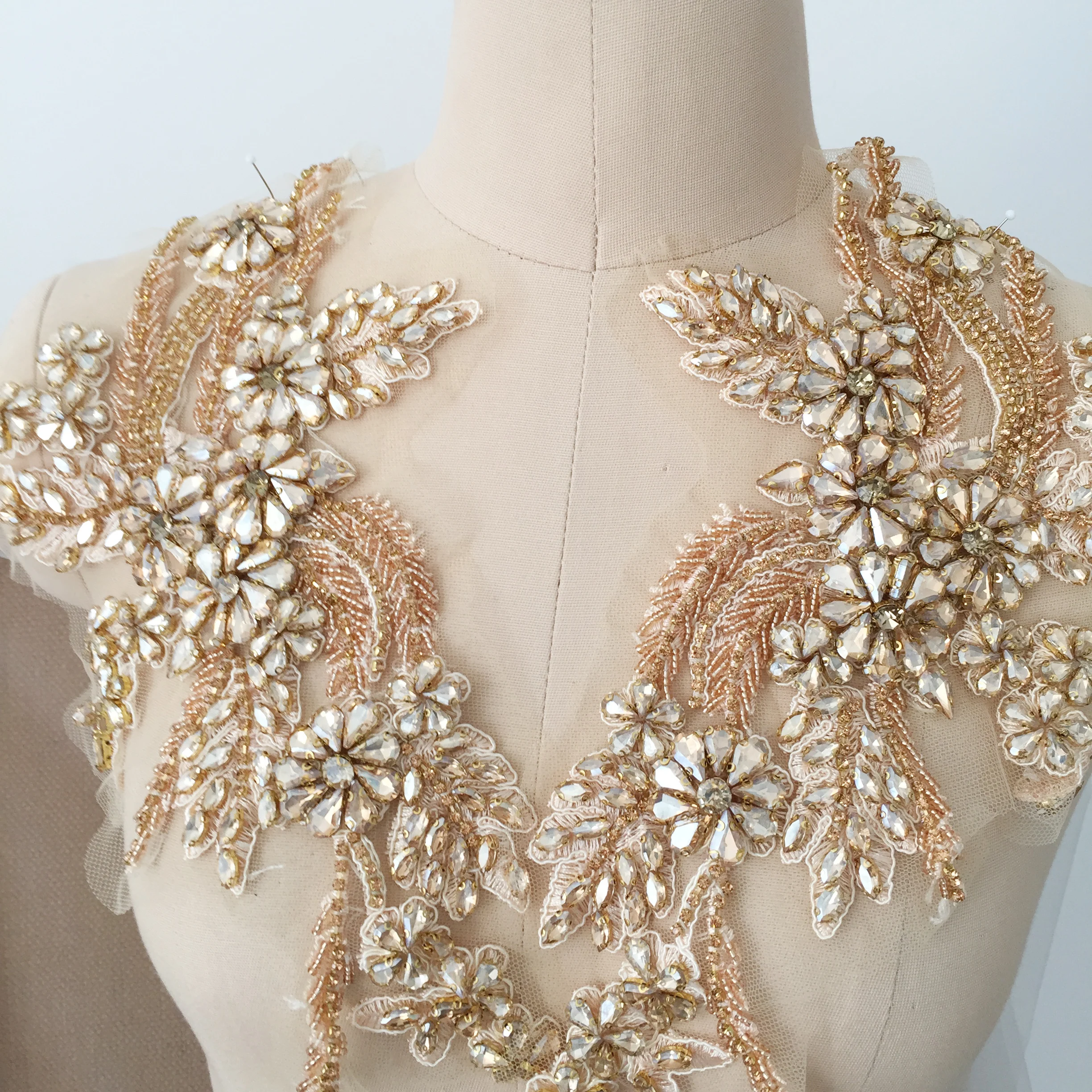 1 paar Champagner Gold Strass Perlen Spitze Applique Paar, Hochzeit Kleid Braut Emebllishment Zubehör, Kristall Perle Birdal