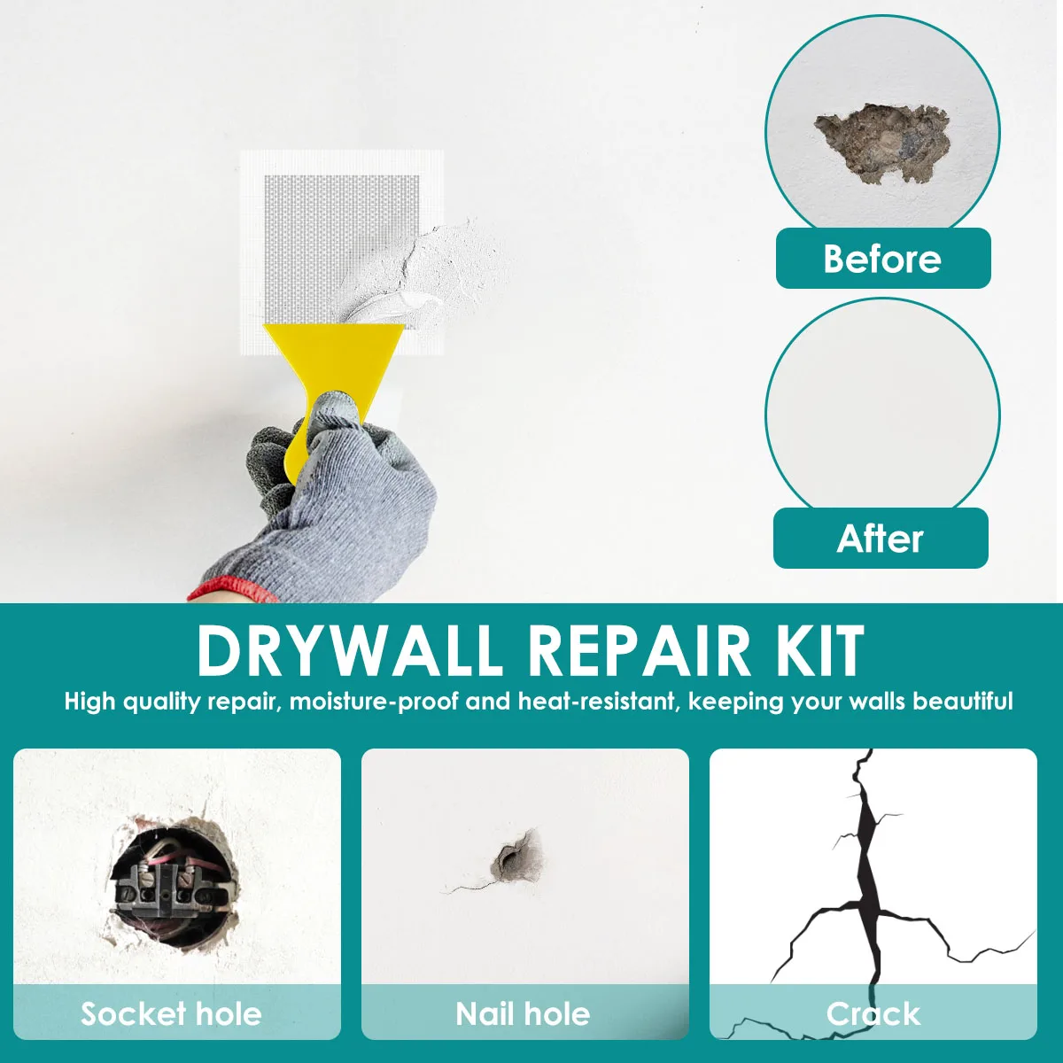 13Pcs Drywall Repair Kit Fiberglass Mesh Crack Patch Self Adhesive Wall Repair Patch with Scraper Sandpaper For Wall Renovation