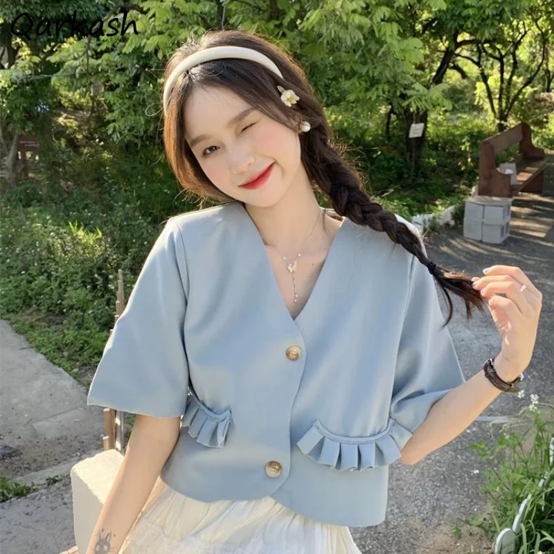 

Short Sleeve Blazers Women Loose Sweet Summer Casual Cropped Ruffles Temperament Chic Korean Style Fashion Thin All-match