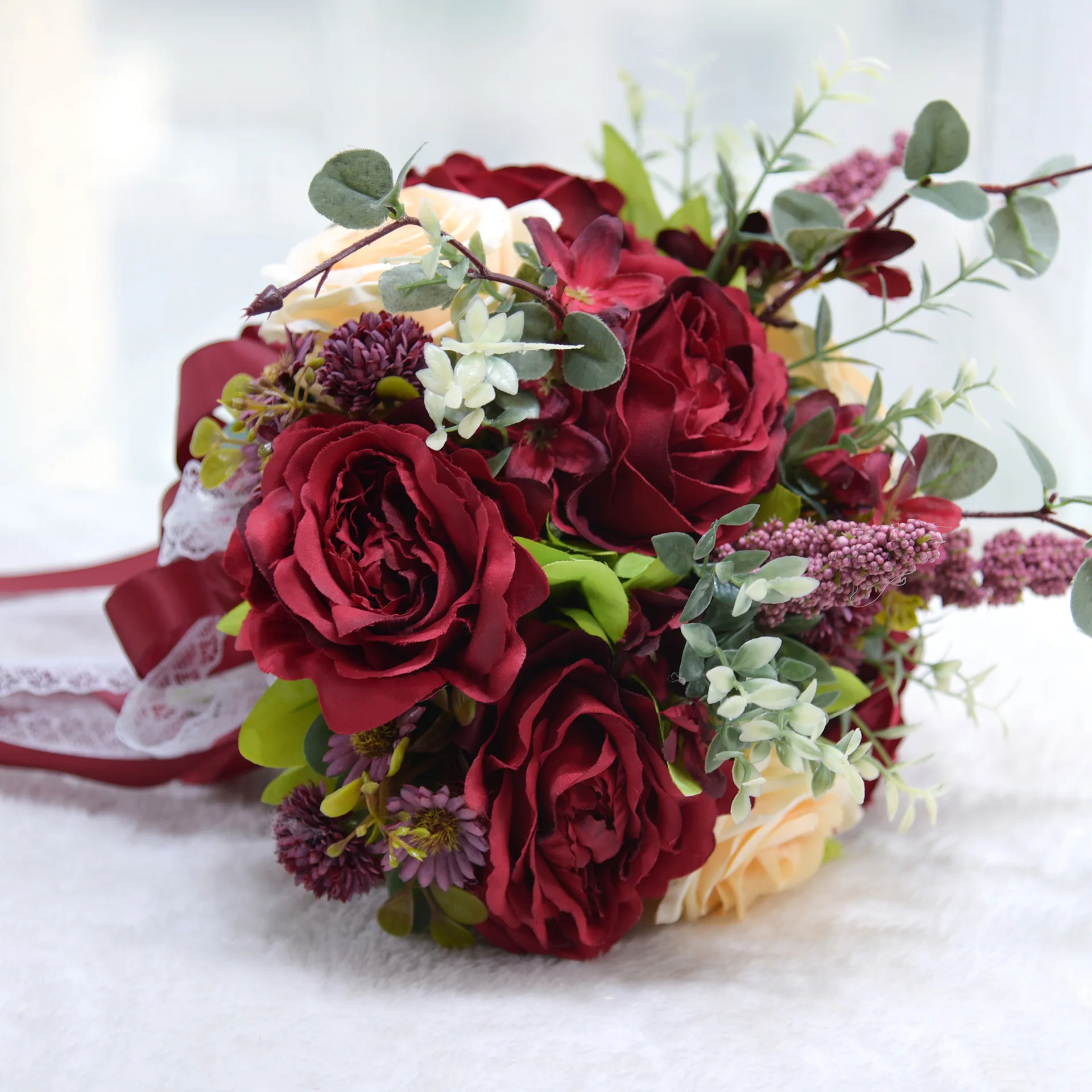 Burgundy Wedding Bouquet Cascading Bridal Bouquet Wedding Ceremony Anniversary Rustic Vintage Flowers Bridal Bouquets