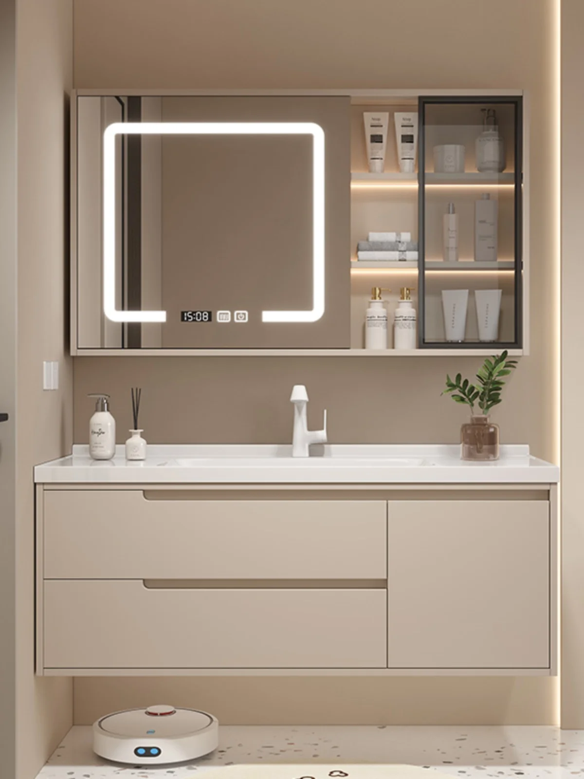 

Керамический шкаф для ванной комнаты в нордическом современном кремовом стиле, умывальник для рук, комбинированная мебель для ванной KMBC