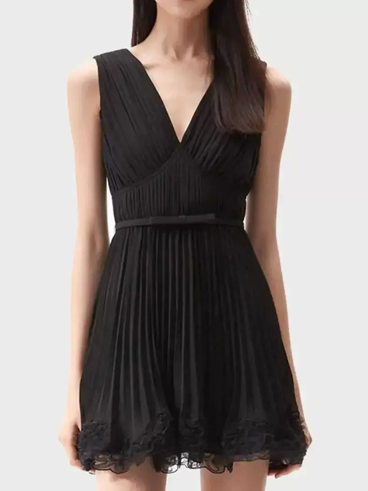 

Женское короткое Плиссированное Платье, элегантное черное классическое платье мини с V-образным вырезом и кружевными краями, весна-лето 2024