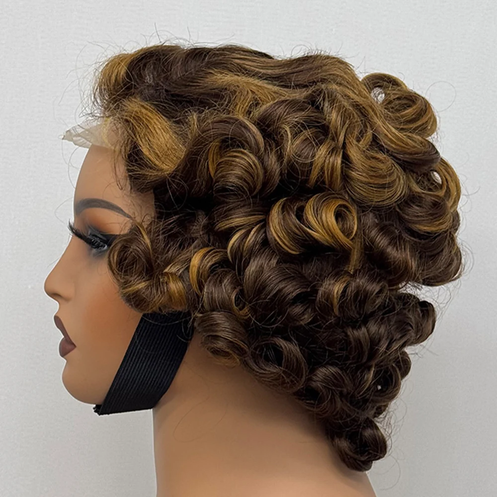 4X4 Lace Closure Wig Short Bouncy Texture Pixie Hair Real Human Hair Wig 200% Density Loose Wave Hair Wig for Black