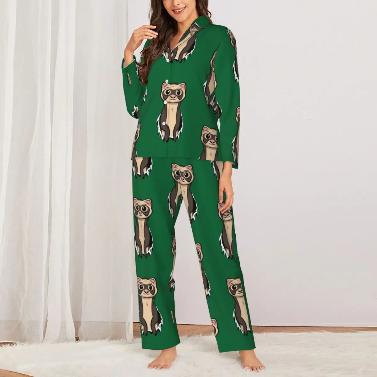 

Пижамные комплекты для влюбленных хорька, милая одежда для сна Life Is Fun, Женская Повседневная Свободная пижама с длинными рукавами для комнаты, домашний костюм из 2 предметов, большой размер 2XL