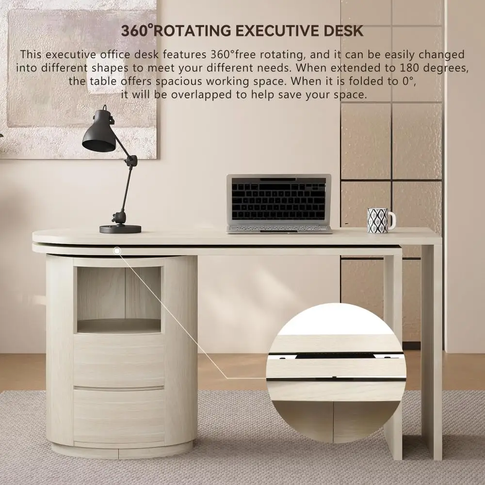 L Shaped Desk with Storage Shelves, 360° Wood Rotating Desk with 2 Drawers and Open Storage, Executive Office Desk 5