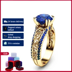 HOYON 14K Gold Color Blue Sapphire Ring For Women Wedding Jewelry Diamond Style Ring Red Gemstone Ruby Rose Ring Free Shipping