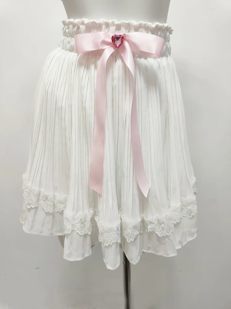 

Милые юбки для девочек, летняя плиссированная юбка с кружевной отделкой и бантом на резинке в Стиле Лолита, милая одежда