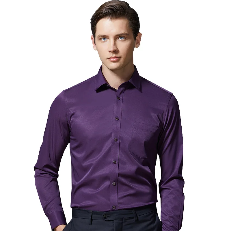 Anti-wrinkle Elasticity Pure Color Work Shirt Men Casual Slim Fit Long Sleeve men casual shirts