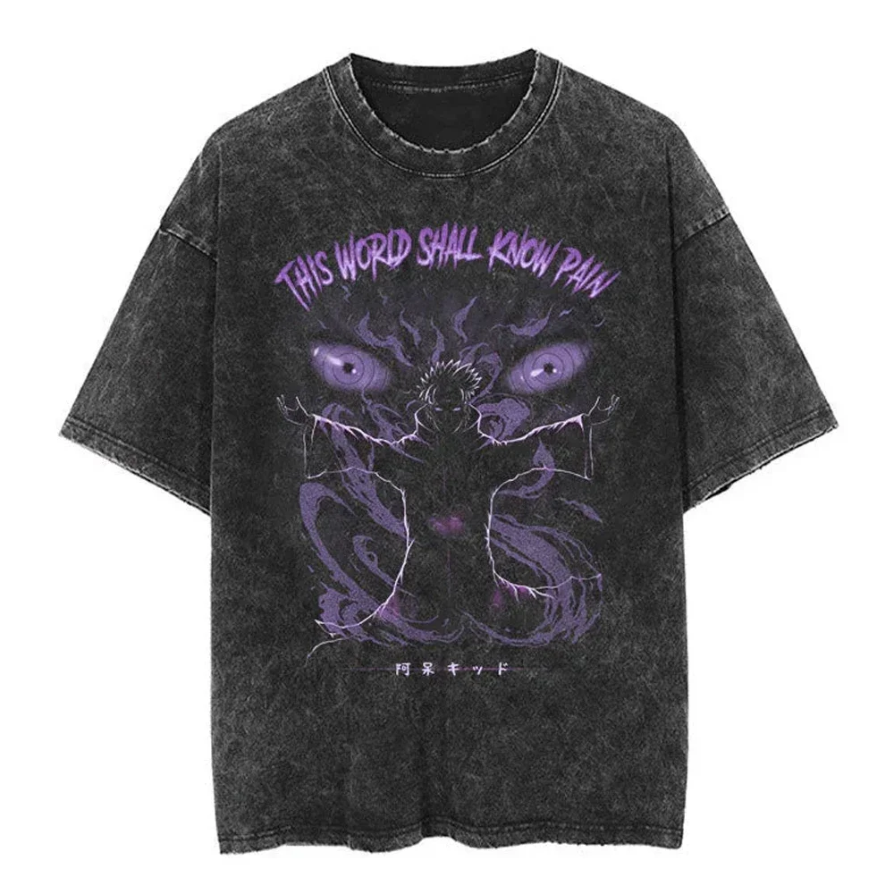 Men Streetwear Tshirt Japanese Naruto Anime Graphic T-Shirt Cotton Harajuku Washed T Shirt Summer Hip Hop Tops Tees Black