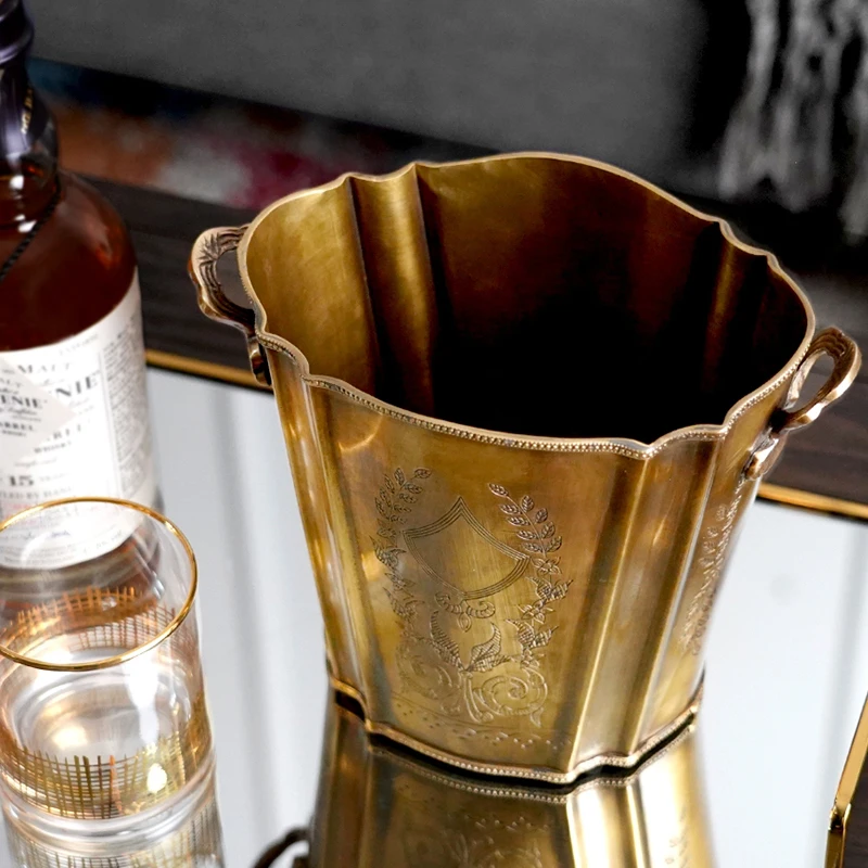 Hand Carved Brass Ice Wine Bucket Cooler Whiskey Wine Holder Retro Luxury Home Bar Barrel Copper Carving Whiskey Barrel