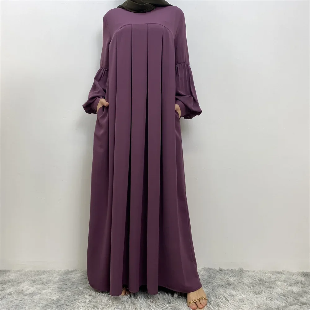 Luxury Abaya Dubai Turkish Muslim Pleated Black Abayas for Women with Pockets Puff Sleeves Hijab Dress Islam Clothes Kaftan Robe