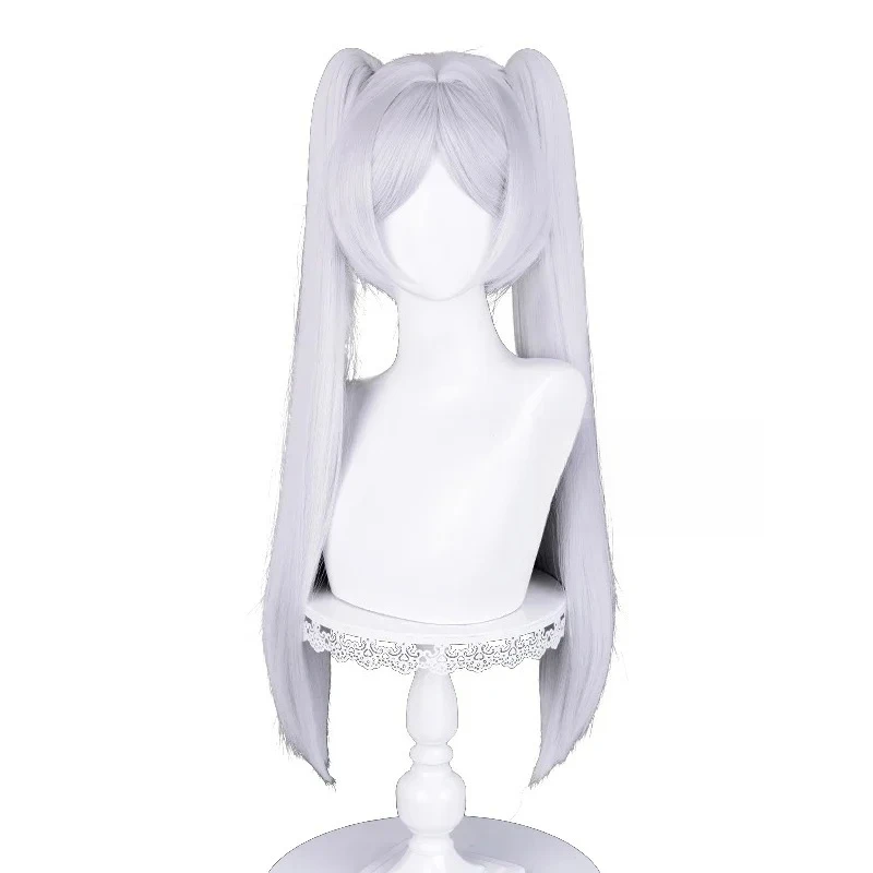 애니메이션 코스프레 가발 68cm 실버 화이트 두 개의 포니테일 내열성 합성 머리 + 가발 모자