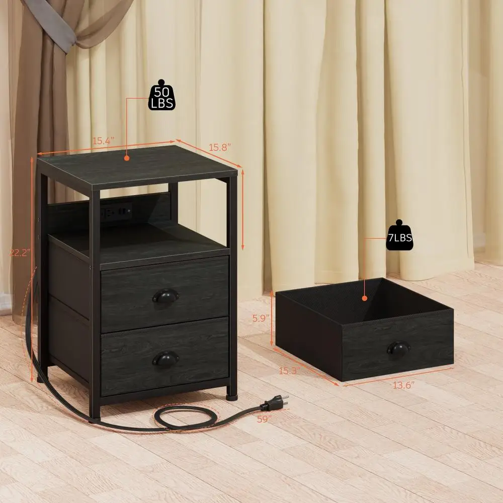 Set of 2 Nightstands with Charging Station USB Ports AC Outlets Fabric Drawers Small End Table Bedroom Living Room 6
