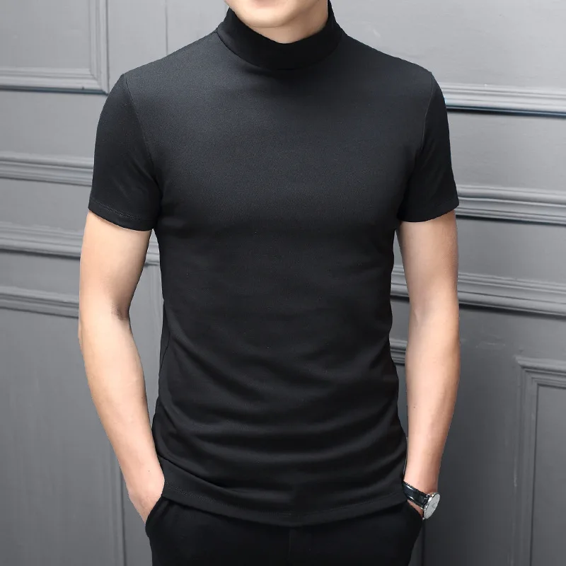 

Spring And Summer Men Half high Collar Mercerized Cotton Short Sleeve Slim Body T-Shirt Men Solid Color Modale High Collar Trend