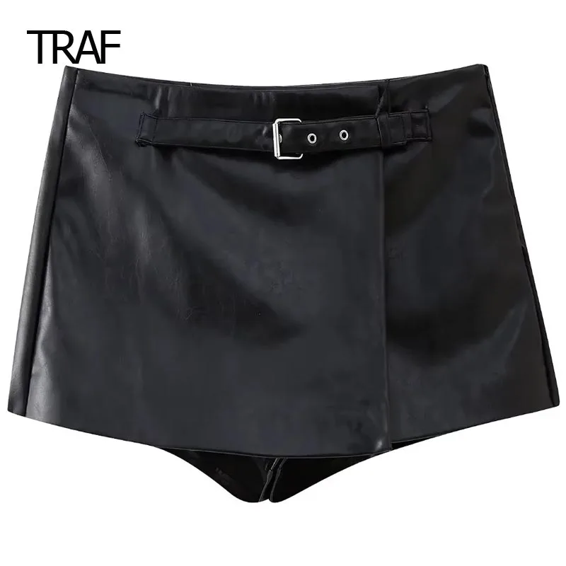 

TRAF Mini Faux Leather Skirt Women's Skirt Short Spring Summer 2024 Black Mid Waist Skirt With Belt Korean Style Skirts Shorts